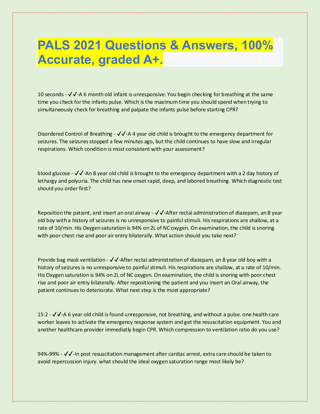 Preview of PALS 2021 Questions & Answers, 100%  Accurate, graded A+. 10 seconds -